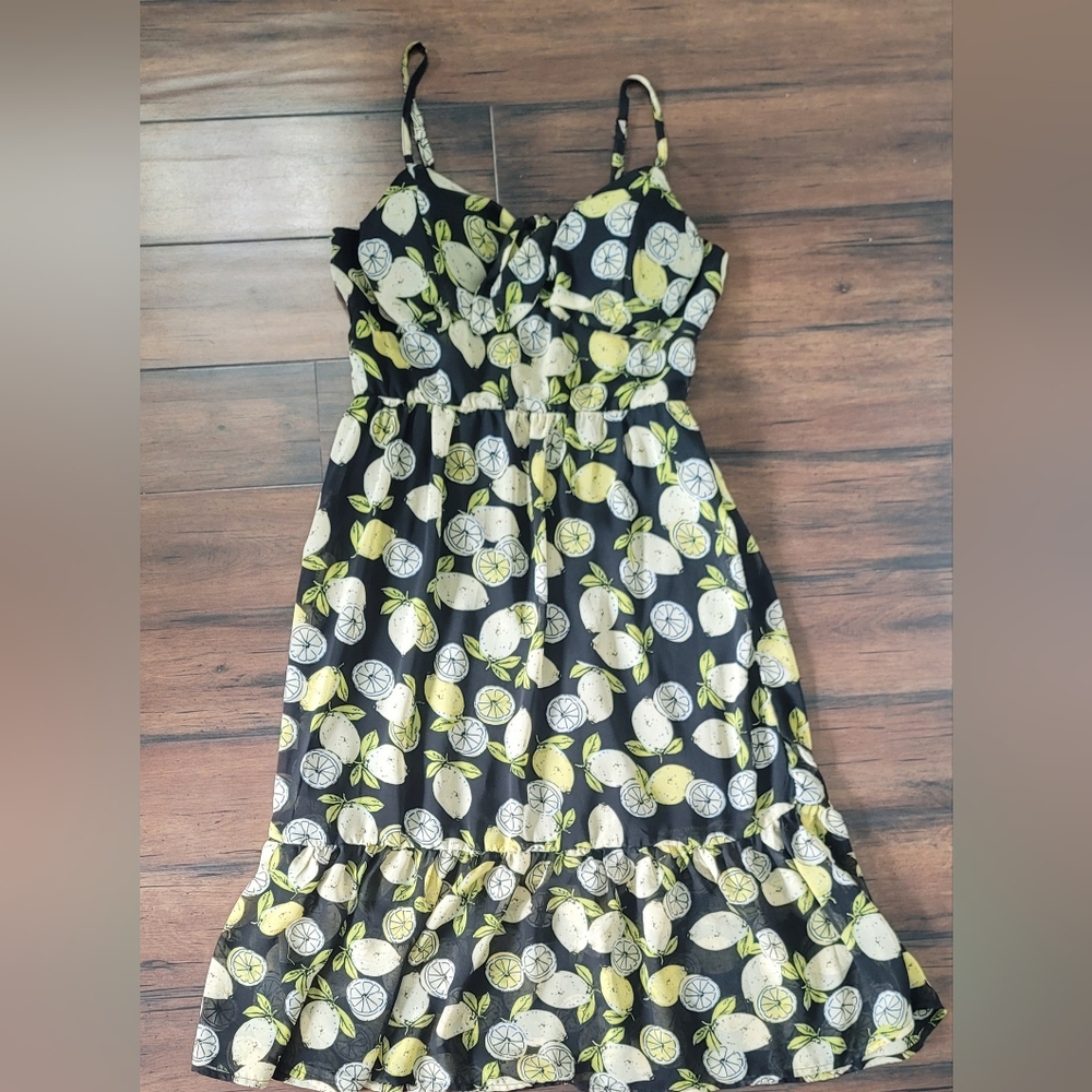 AUW Black and Yellow Citrus Print Midi Dress